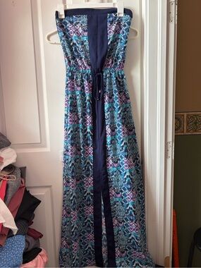 Xhilaration Navy, Teal & Purple Strapless Printed Maxi Dress